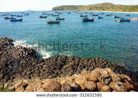 Ganh Da Dia, Phu Yen, Viet Nam, masterpiece of nature, wonderful, fantastic heritage, abstract place for Vietnam travel, rock make great terrain, boat on sea make beauty landscape of ganhdadia