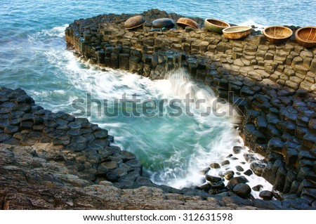 Ganh Da Dia, Phu Yen, Viet Nam, masterpiece of nature, wonderful, fantastic heritage, abstract place for Vietnam travel, rock make great terrain, boat on sea make beauty landscape of ganhdadia