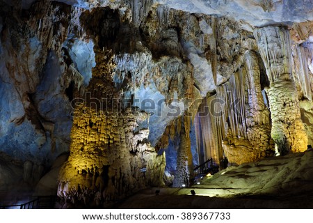Paradise cave, an amazing, wonderful cavern at Bo Trach, Quang Binh, Vietnam, underground beautiful place for travel, heritage national with impression formation, abstract shape from stalactite