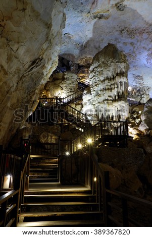 Paradise cave, an amazing, wonderful cavern at Bo Trach, Quang Binh, Vietnam, underground beautiful place for travel, heritage national with impression formation, abstract shape from stalactite