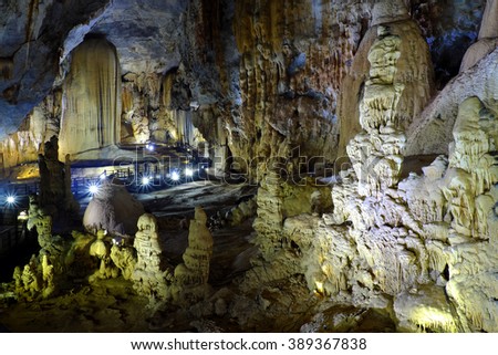 Paradise cave, an amazing, wonderful cavern at Bo Trach, Quang Binh, Vietnam, underground beautiful place for travel, heritage national with impression formation, abstract shape from stalactite