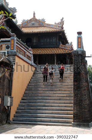 HUE, VIET NAM- FEB 19, 2016: Citadel, an culture heritage with Hoang Thanh (Imperial City),Tu Cam Thanh (Forbidden City), Dai Noi (Inner city), ngo mon (noon gate), ancient architecture in Vietnam