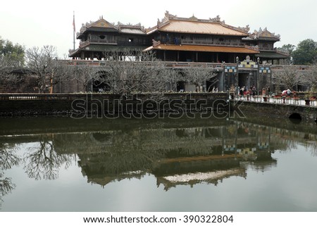 HUE, VIET NAM- FEB 19, 2016: Citadel, an culture heritage with Hoang Thanh (Imperial City),Tu Cam Thanh (Forbidden City), Dai Noi (Inner city), ngo mon (noon gate), ancient architecture in Vietnam