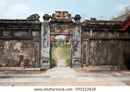 HUE, VIET NAM- FEB 19, 2016: Citadel, an culture heritage with Hoang Thanh (Imperial City),Tu Cam Thanh (Forbidden City), Dai Noi (Inner city), ngo mon (noon gate), ancient architecture in Vietnam