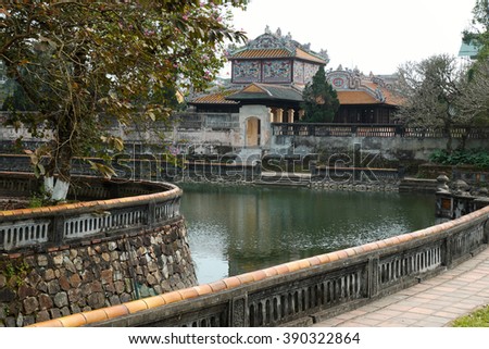HUE, VIET NAM- FEB 19, 2016: Citadel, an culture heritage with Hoang Thanh (Imperial City),Tu Cam Thanh (Forbidden City), Dai Noi (Inner city), ngo mon (noon gate), ancient architecture in Vietnam
