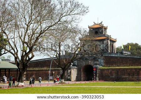 HUE, VIET NAM- FEB 19, 2016: Citadel, an culture heritage with Hoang Thanh (Imperial City),Tu Cam Thanh (Forbidden City), Dai Noi (Inner city), ngo mon (noon gate), ancient architecture in Vietnam