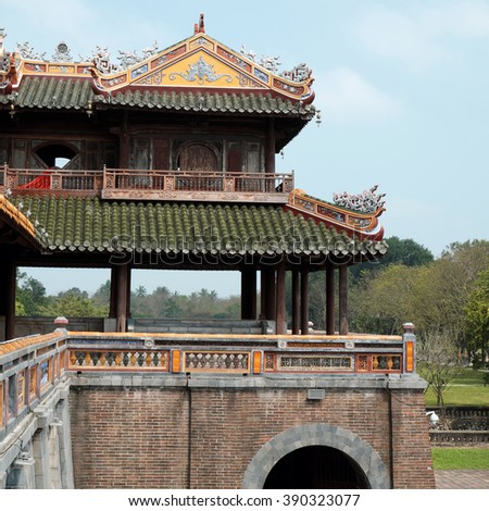 HUE, VIET NAM- FEB 19, 2016: Citadel, an culture heritage with Hoang Thanh (Imperial City),Tu Cam Thanh (Forbidden City), Dai Noi (Inner city), ngo mon (noon gate), ancient architecture in Vietnam