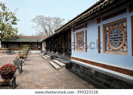 HUE, VIET NAM- FEB 19, 2016: Citadel, an culture heritage with Hoang Thanh (Imperial City),Tu Cam Thanh (Forbidden City), Dai Noi (Inner city), ngo mon (noon gate), ancient architecture in Vietnam
