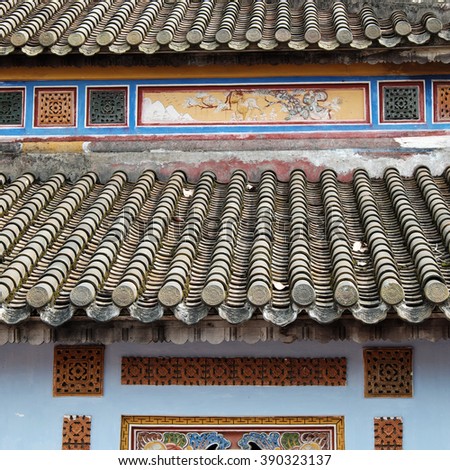 HUE, VIET NAM- FEB 19, 2016: Citadel, an culture heritage with Hoang Thanh (Imperial City),Tu Cam Thanh (Forbidden City), Dai Noi (Inner city), ngo mon (noon gate), detail of roof of ancient Vietnam