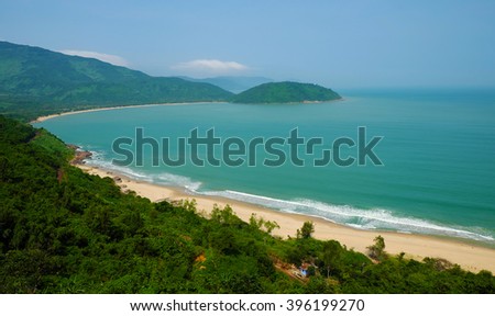 Beautiful landscape of Lang Co beach from Hai Van mountain pass, wonderful shape of nature with green jungle, place for eco travel at Hue, Vietnam is country of sea with long seaside