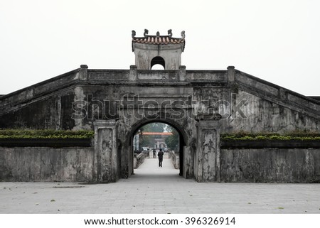 QUANG TRI, VIET NAM- FEB 20, 2016: Quang Tri old citadel, a historic relics of Vietnam war, also national heritage, in dark color and ancient architect