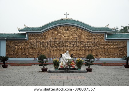 QUANG TRI, VIET NAM- FEB 20, 2016: Blessed Virgin Mary at La Vang holy land with ancient architect, a place for Christian faithful to go pilgrimage at Quangtri, Vietnam