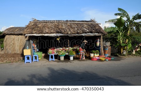 CA MAU, VIET NAM- JULY 15, 2016: Roadside food stalls at Mekong Delta countryside, farmer market sell green vegetable from agriculture product, Camau, Vietnam