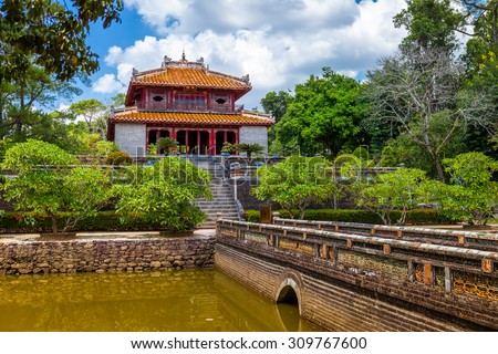 Minh Lau pavilion and Trung Dao bridge at Minh Mang Emperor Tomb in Hue, Vietnam