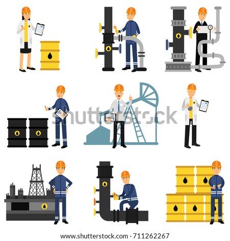 Oil industry set, extraction, production, refinery and transportation oil and petrol vector Illustrations