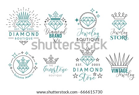 Jewelry Logo Set or Label Template for jewelry store, jeweler business card. Vector typography text design collection with line art diamond and crown