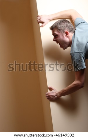 Scared Man Looking Around Corner Screaming Stock Photo 46149502 ...