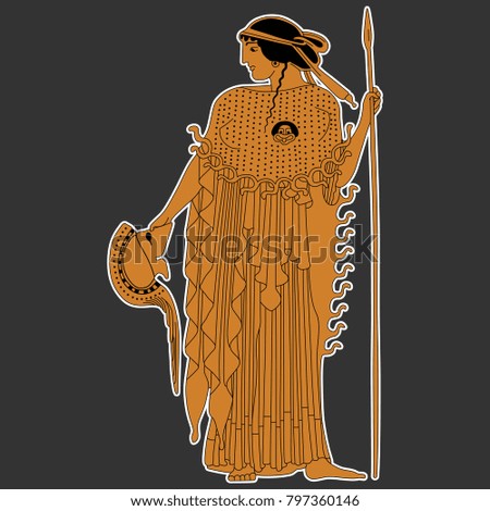 Isolated vector illustration of ancient Greek goddess Athena. Cartoon style. Based on classical vase image.