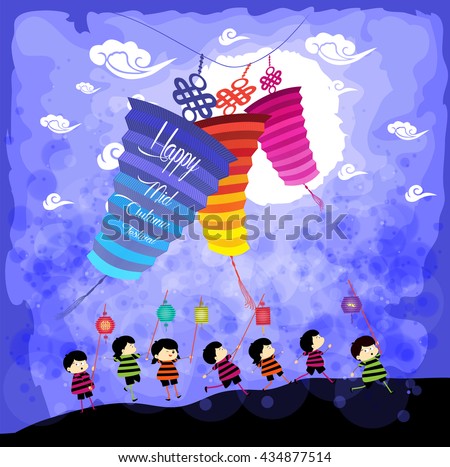 Mid Autumn Festival background with kids playing lanterns