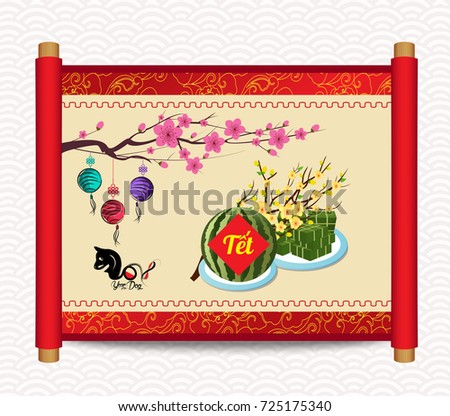Cooked square glutinous rice cake and blossom, Vietnamese new year. (Translation "T?t" : Lunar new year)