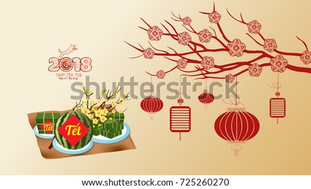 Cooked square glutinous rice cake and blossom, wallpapers. Vietnamese new year. (Translation "Tet": Lunar new year)