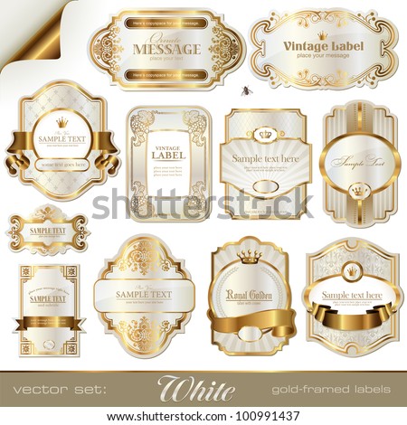 white gold-framed labels