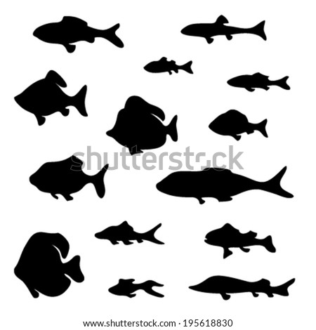 Black fish silhouettes isolated on white background. Various elements for your design.