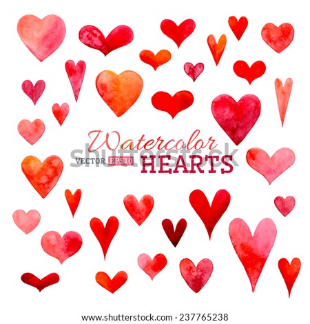Set of vector watercolor hearts. Hand-drawn various hearts isolated on white background. Wedding or Valentine's template.