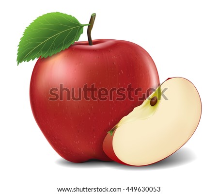 Red Apples with Green Leaves and Apple Slice - Vector Illustration. Realistic vector