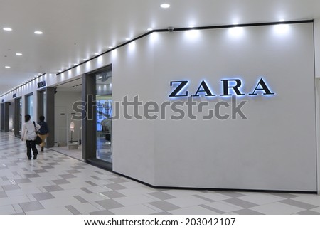 KOBE JAPAN - 2 JUNE, 2014: ZARA shop. ZARA is a Spanish clothing and accessories retailer based in Galicia Spain founded in 1975.