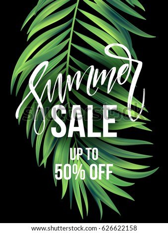 Sale banner, poster with palm leaves, jungle leaf and handwriting lettering. Floral tropical summer background. Vector illustration EPS10