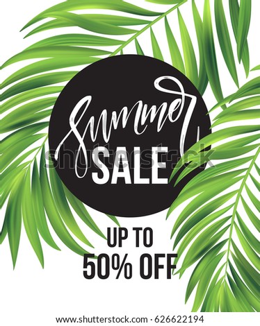 Sale banner, poster with palm leaves, jungle leaf and handwriting lettering. Floral tropical summer background. Vector illustration EPS10