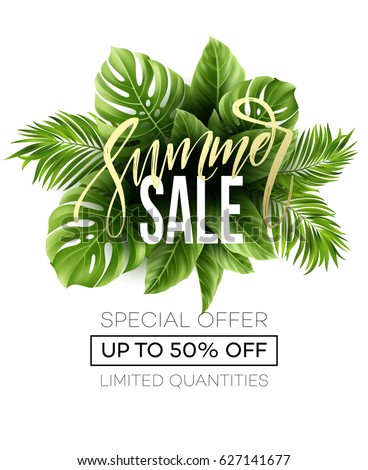 Sale banner, poster with palm leaves, jungle leaf and handwriting lettering. Floral tropical summer background. Vector illustration EPS10