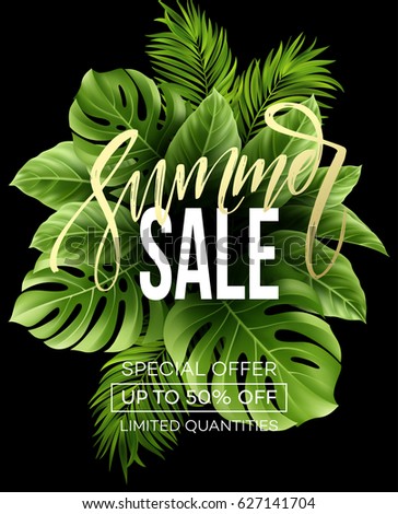 Sale banner, poster with palm leaves, jungle leaf and handwriting lettering. Floral tropical summer background. Vector illustration EPS10