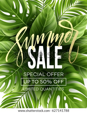 Sale banner, poster with palm leaves, jungle leaf and handwriting lettering. Floral tropical summer background. Vector illustration EPS10