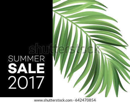 Sale banner, poster with palm leaves, jungle leaf and handwriting lettering. Floral tropical summer background. Vector illustration EPS10