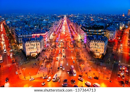 View from Arc de triomphe of Champs elysees, Paris.