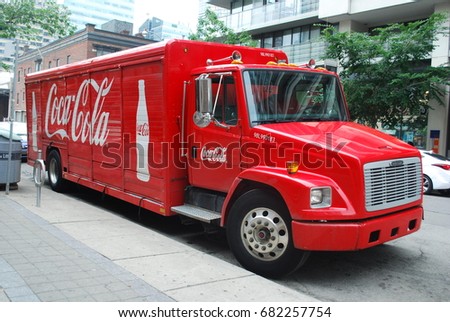 CocaCola Truck With Logos And Glass Bottle Image - Soft Drink / Pop - Vintage / Retro Red Vehicle - TORONTO, CANADA - July 2017