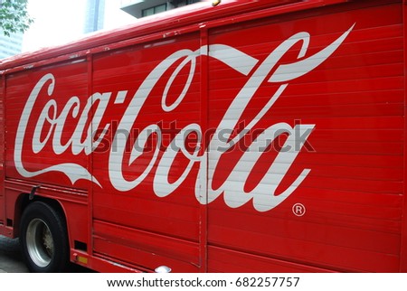 CocaCola Truck With Logos And Glass Bottle Image - Soft Drink / Pop - Vintage / Retro Red Vehicle - TORONTO, CANADA - July 2017