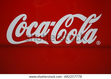 CocaCola Truck With Logos And Glass Bottle Image - Soft Drink / Pop - Vintage / Retro Red Vehicle - TORONTO, CANADA - July 2017