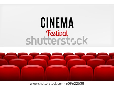 Movie theater with row of red seats. Premiere event template. Super Show design. Presentation cinema festival.