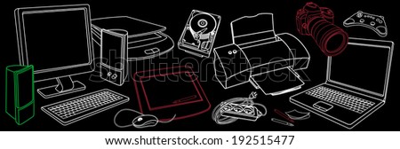 background with sketches of computer hardware, accessories and peripherals