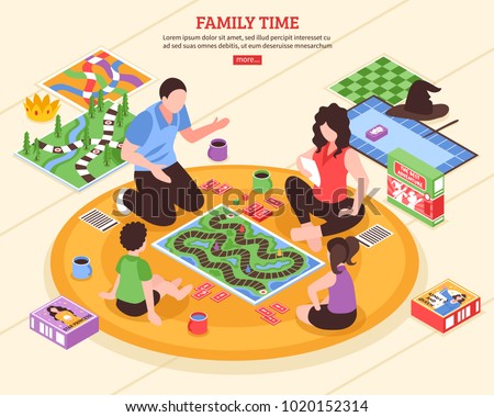 Family Pastime Scene With Parents And Kids Playing Board Games On Floor Isometric Vector Illustration Family Pastime Scene With Parents And Kids Playing Board Games On Floor Isometric Vector Illustration