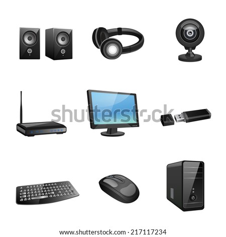 Computer accessories and peripheral black icons set isolated vector illustration