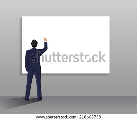 stock vector businessman with pen in right hand full length back in front of white board vector illustration 218668738