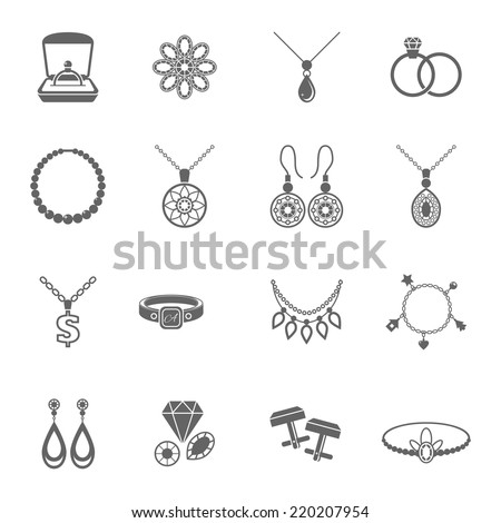 Jewelry black icons set of luxury jewels and precious gifts isolated vector illustration