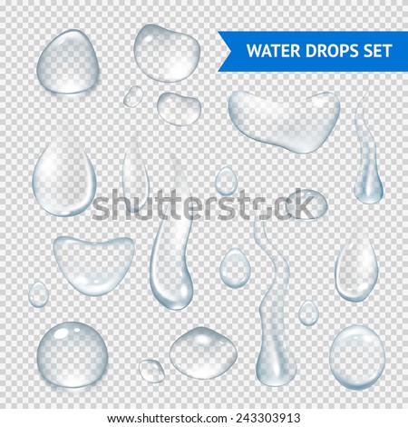 Pure clear water drops realistic set isolated vector illustration