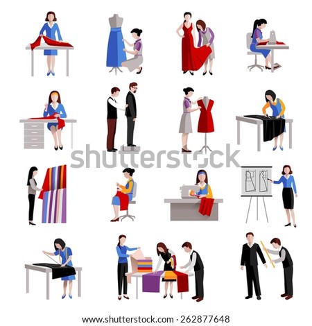 Dressmaker icons set with fashion workers and designer tailoring measuring and sewing isolated vector illustration