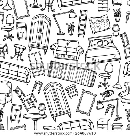 Furniture hand drawn seamless pattern with modern and classic home accessories vector illustration