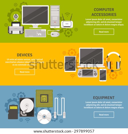 PC and computer equipment with devices and accessories flat color horizontal banner set isolated vector illustration